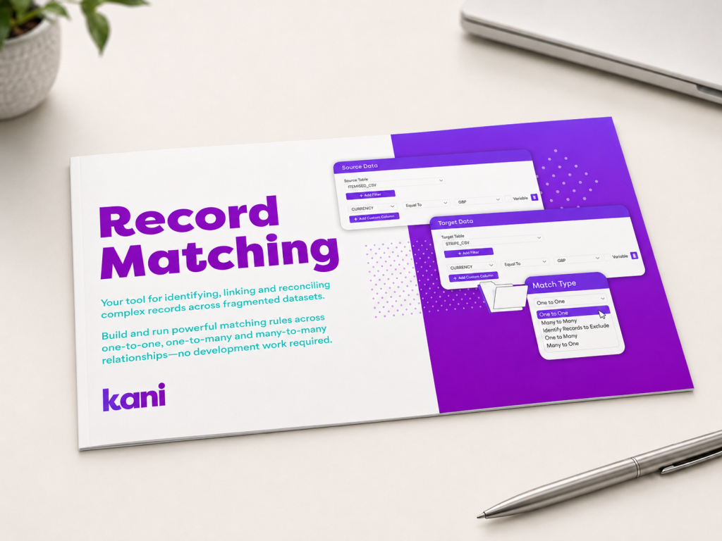 Promotional image of Kani’s Record Matching feature showcase leaflet on a desk