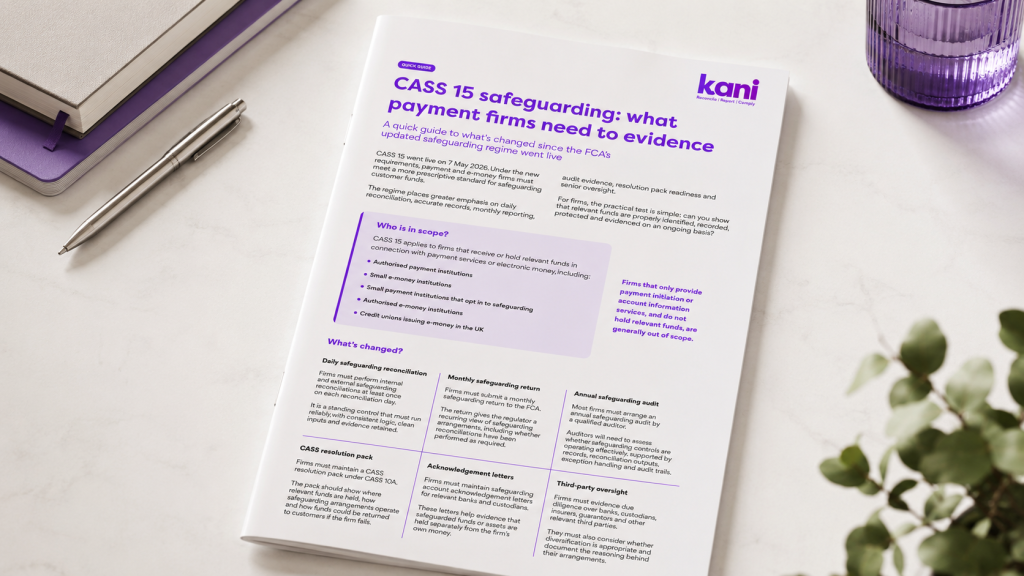 Printed CASS 15 safeguarding guide for payment and e-money firms, showing what firms need to evidence under the FCA’s updated safeguarding rules