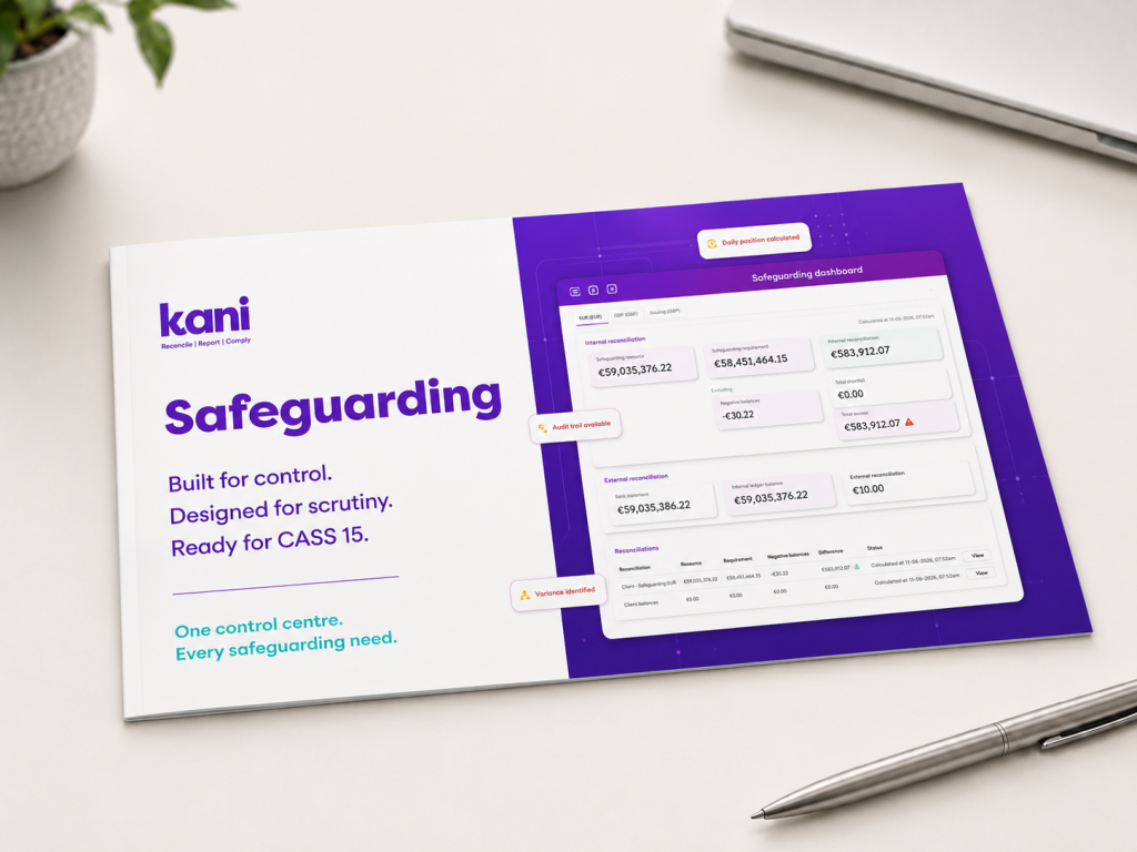 Kani's CASS 15 safeguarding solutions guide shown as a printed brochure, open to the safeguarding dashboard